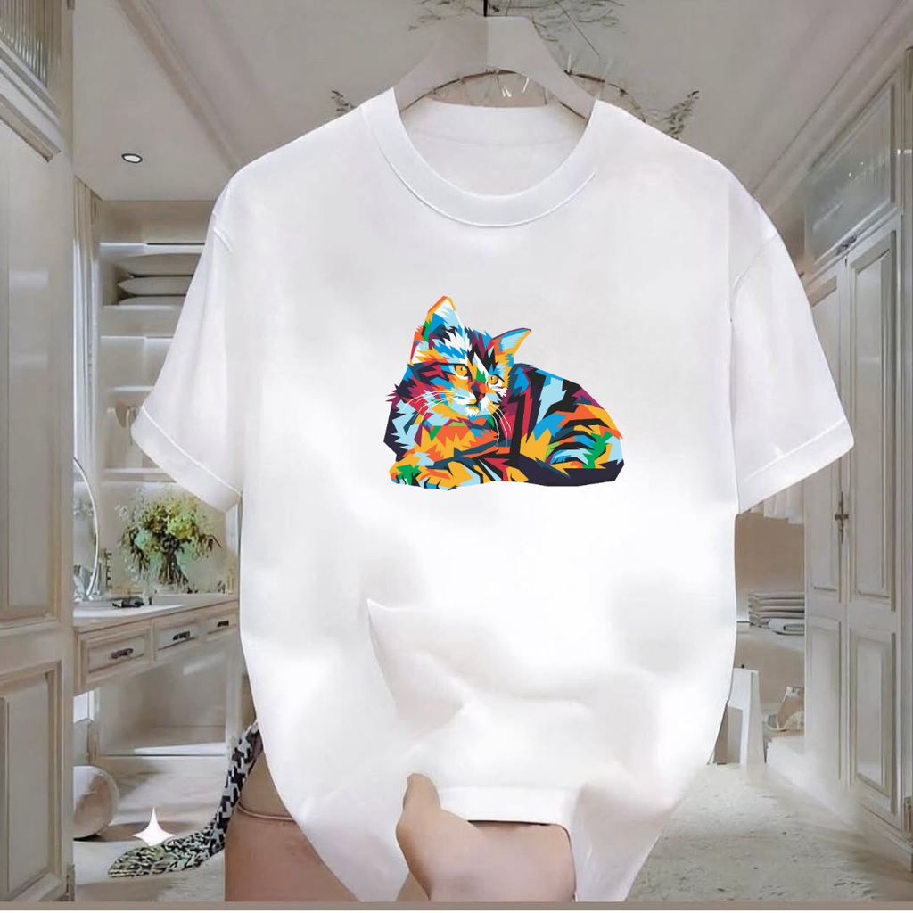 Renkli Kedi Baskılı Tshirt