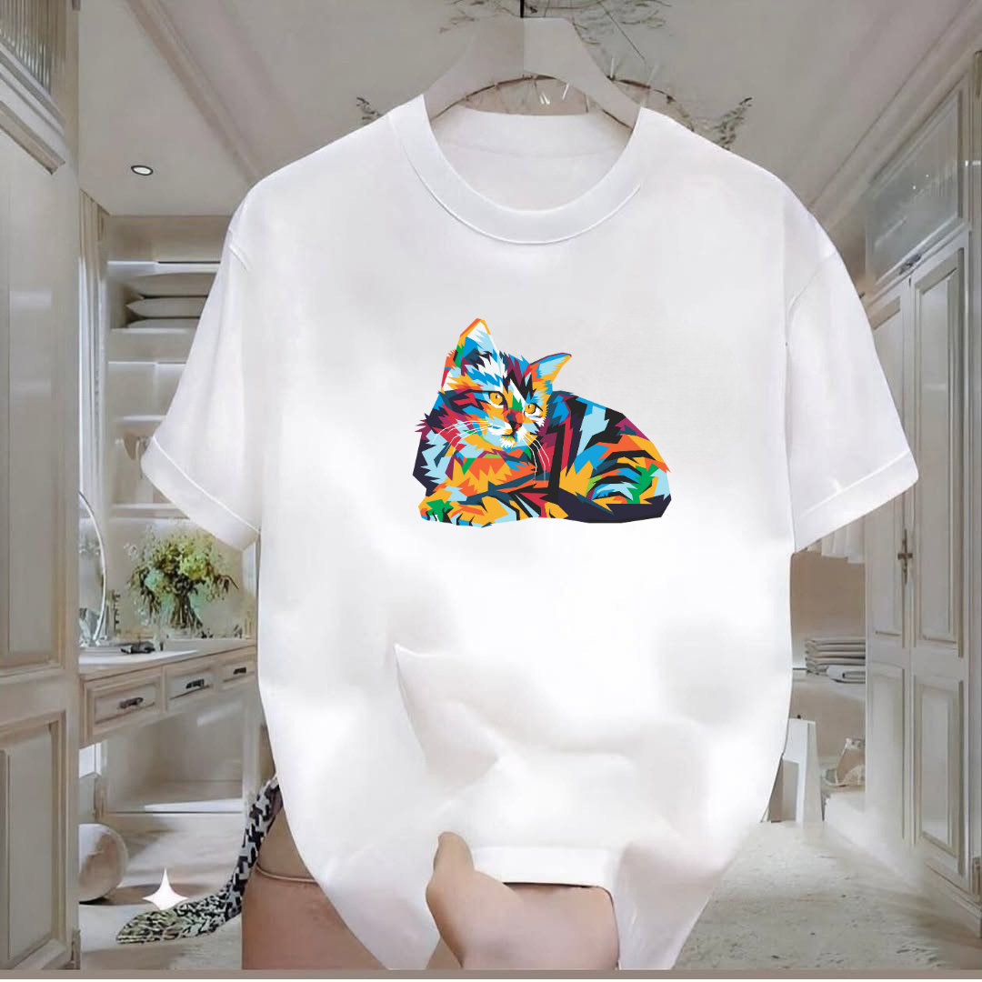 Renkli Kedi Baskılı Tshirt